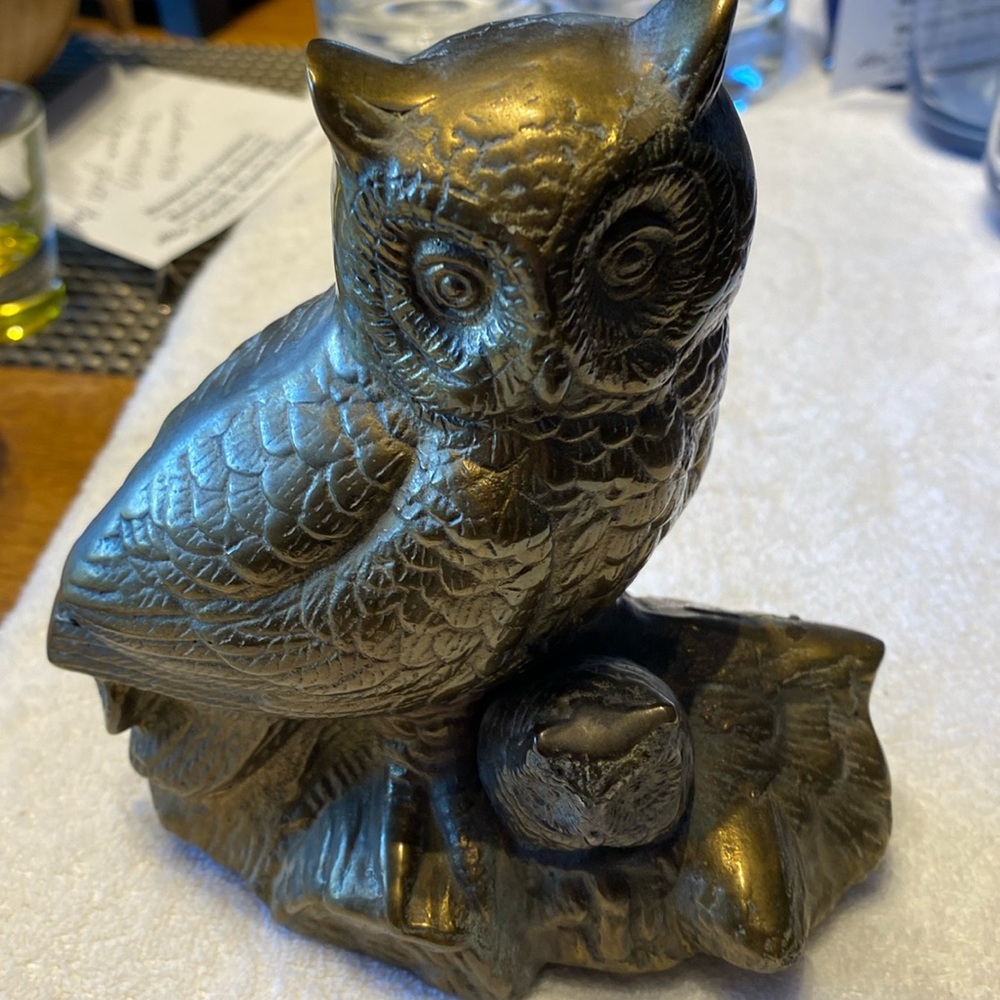Vintage Owl and baby. 7 inches tall 3 inches wide on base. Weighs 2.6 pounds.